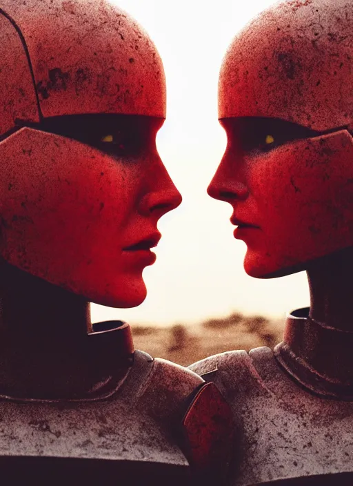 Image similar to cinestill 5 0 d photographic portrait of two loving female androids wearing rugged black techwear on a desolate plain with a red sky in front of a brutalist sculpture, extreme closeup, cyberpunk style, dust storm, 8 k, hd, high resolution, 3 5 mm, f / 3 2, ultra realistic faces, ex machina