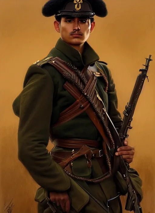 Prompt: portrait of stoic looking young peruvian soldier, military uniform, black hair, thick eyebrows, fantasy, intricate, elegant, highly detailed, centered, dark, smokey, digital painting, artstation, concept art, smooth, sharp focus, illustration, art by artgerm and greg rutkowski and alphonse mucha