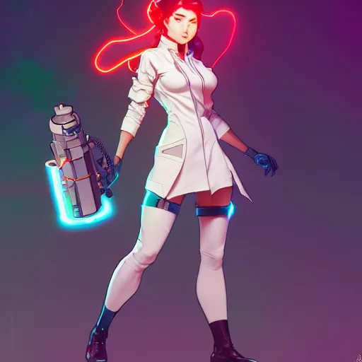 Prompt: a full body character design by artgerm, cushart krenz, ross tran, alphonse mucha. cute mad scientist girl lab coat futuristic shoulder cannon bazooka!! bold outline sharp edges. ultra clear detailed. 8 k. elegant, neon colors, dynamic angle, intricate complexity, epic composition, action pose, cinematic lighting masterpiece