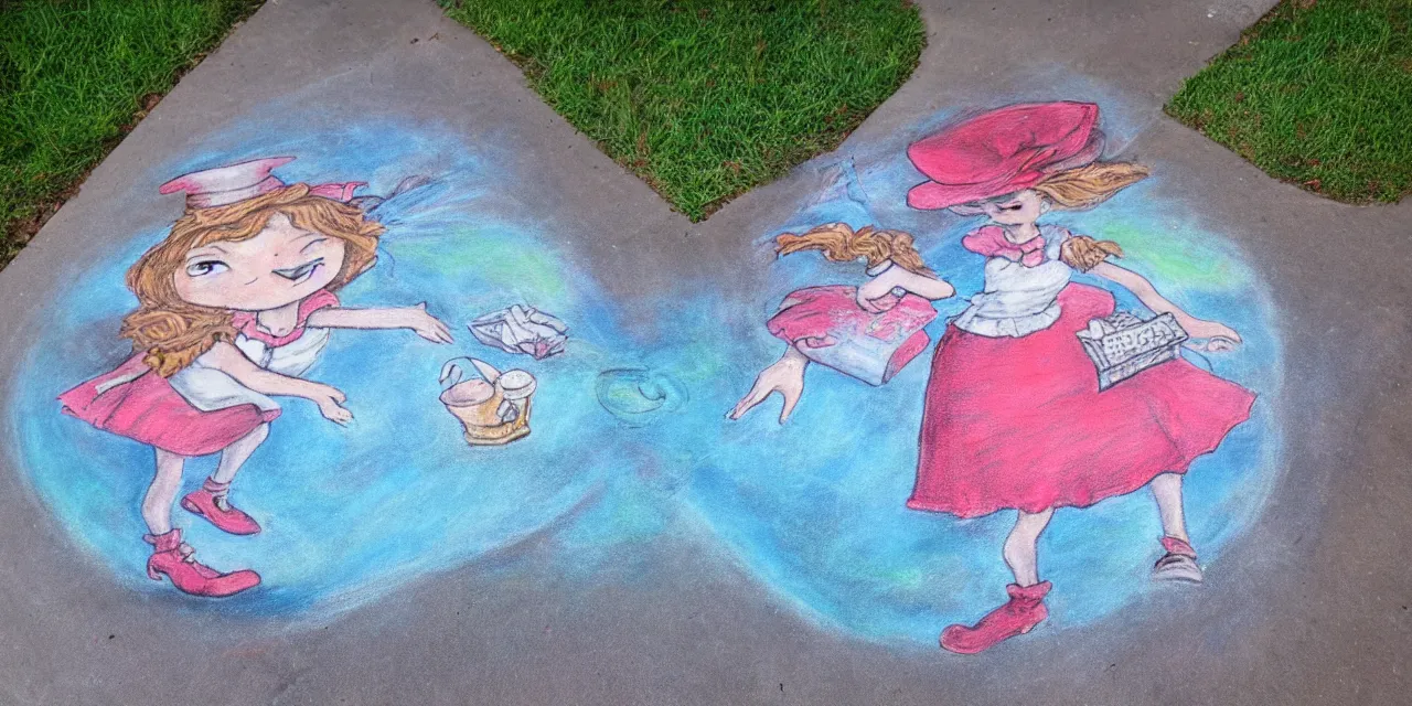 Prompt: a sidewalk chalk painting of alice in wonderland