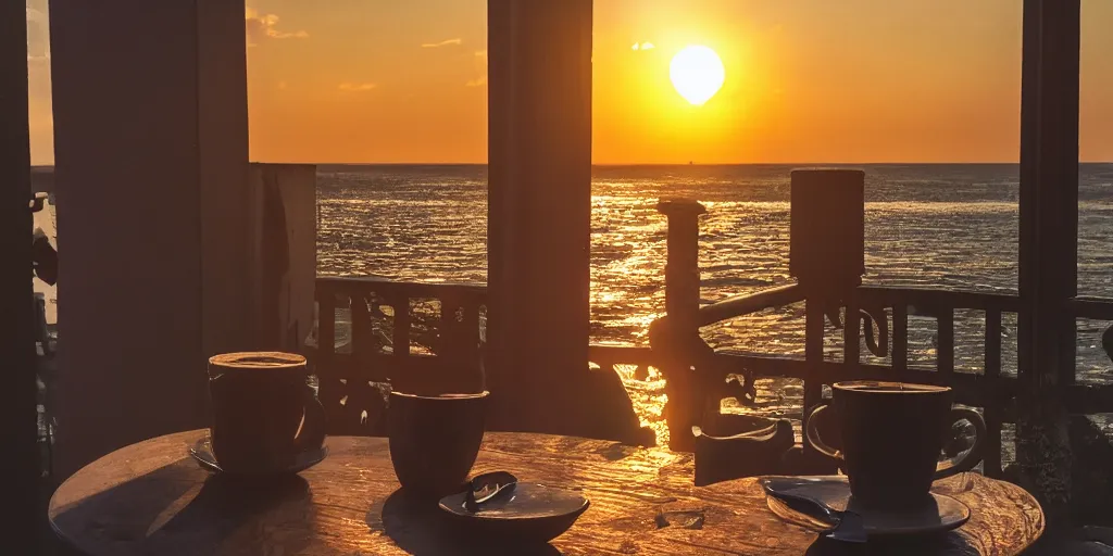 Image similar to cthulhu drinking his coffee while sitting on the balcony, sunset background, golden hour