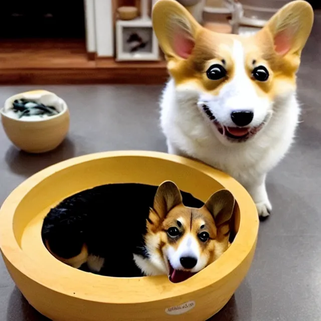 Image similar to a cute corgi lives in a house made of sushi