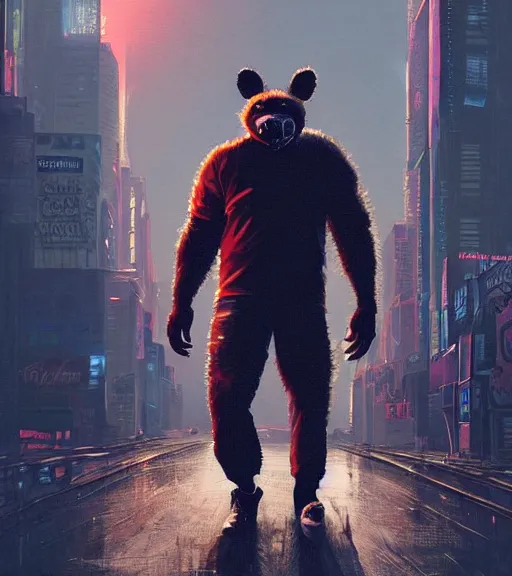 Image similar to new york city portrait of burly surly furry anthro anthropomorphic spotted hyena head animal person fursona wearing clothes strange cybernetic muzzle gloomy rainy screenshot from the video game cyberpunk 2077 digital art by Greg Rutkowski, Simon Stalenhag, christopher nolan trending on Artstation, CGSociety