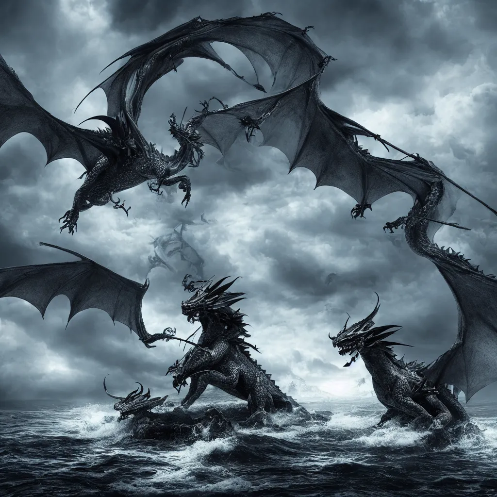 Image similar to a dragon with three heads emerging from the ocean during a storm, dramatic lighting, cinematic, high coherence, hyperrealistic, anatomically correct, path traced, highly detailed, high quality, 8 k hdr, octane render, unreal engine 5, trending on artstation, epic image, turbulent sea, concept art, digital art