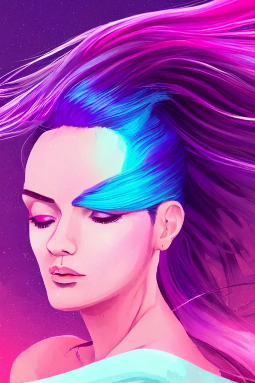 Image similar to a award winning half body porttrait of a beautiful woman in a croptop with ombre purple pink teal hairstyle with head in motion and hair flying, outrun, vaporware, shaded flat illustration, digital art, trending on artstation, highly detailed, fine detail, intricate