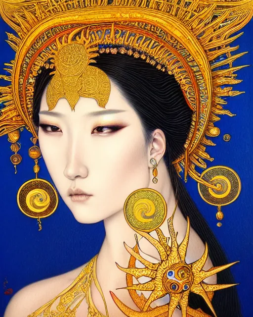 Image similar to portrait of a beautiful sun goddess, enigmatic beauty, esoteric, other worldly colors, head in focus, fantasy art, ornamental aesthetics intricate, elegant, highly detailed, hyperrealistic painting, artstation, concept art, painterly, sharp focus, illustration, art by chie yoshii