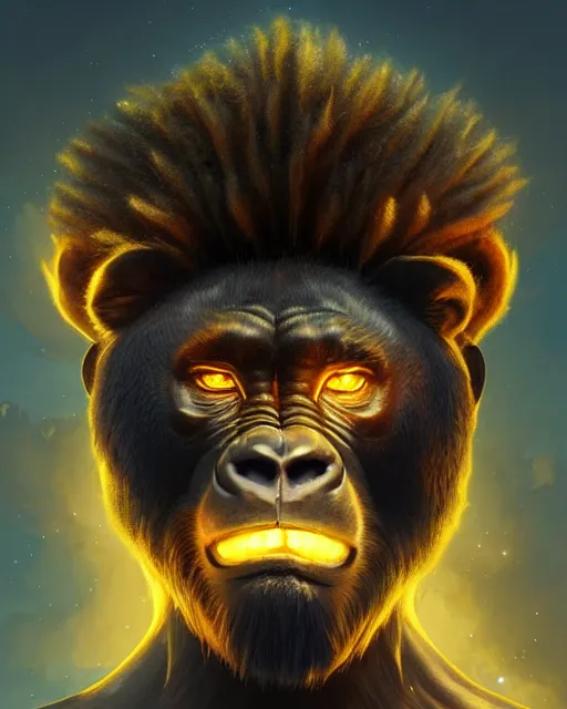 Image similar to gorilla - bodied lion - headed dragon - scaly head burning superhero, glam, power, glowing lights intricate, elegant, highly detailed, digital painting, artstation, concept art, smooth, sharp focus, illustration, art by artgerm and greg rutkowski and fra angelico and unreal engine 5