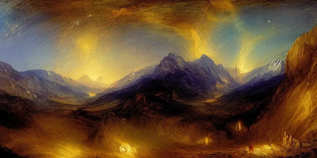 Prompt: stunning mountain landscape with sky full of galaxies by j. m. w turner