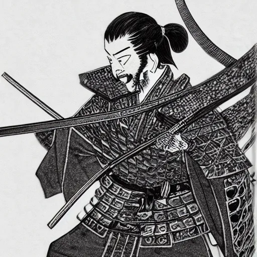Prompt: Miyamoto Musashi, detailed katana, high detail samurai, noir,