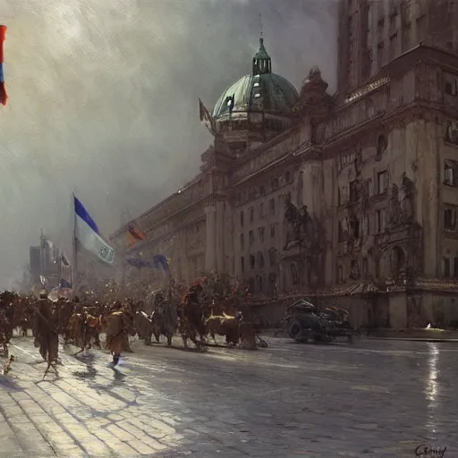 Image similar to detailed cinematic wide shot of berlin 1 9 3 0 german flag smooth, sharp focus, ultra realistic, spring light, painting by gaston bussiere, craig mullins, j. c. leyendecker