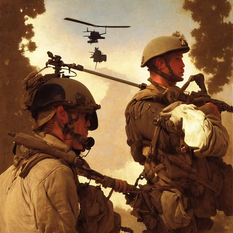 Prompt: portrait of a us soldier, vietnam war, majestic, posing in helicopter, fine art portrait painting, strong light, clair obscur, by caravaggio, by diego velazquez, by jean honore fragonard, by peter paul rubbens, by bouguereau, by gaston bussiere, craig mullins