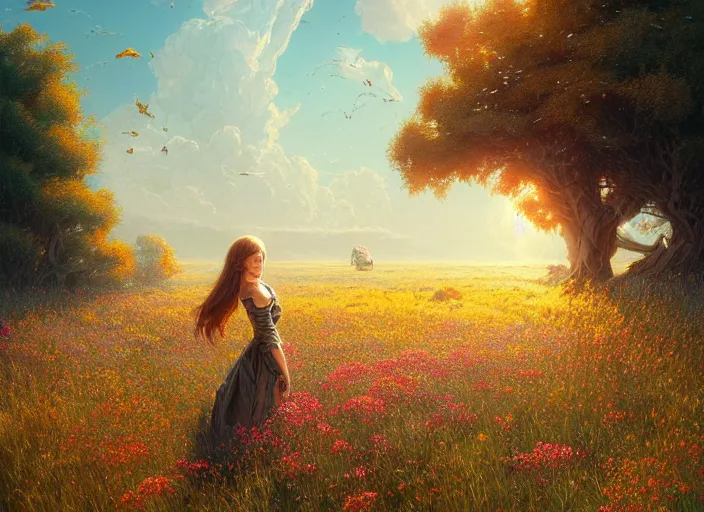 Image similar to detailed intricate digital illustration by greg rutkowski and artgerm and wlop and sanford robinson gifford ; 2 0 0 4 vehicle, beautiful meadow with colorful flowers in background ; 1 3 mm film, arri alfa anamorphic lens ; sharp focus, golden hour lighting, trending on artstation 4 k ; close view