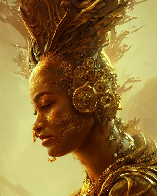 Image similar to A golden hulong resting, beautiful face, highly detailed face, close-up, fantasy art, monster art, in the style of greg rutkowski, illustration, epic, fantasy, intricate, hyper detailed, artstation, concept art, smooth, sharp focus, ray tracing