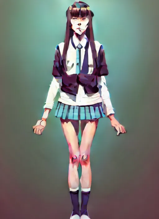 Image similar to full body beautiful and cute and aesthetic school girl greeting, very slightly smiling, wave a hand at the camera, perfect face, symmetric eyes, sharp focus, specular reflection, occlusion shadow, artstation, by ilya kuvshinov and jeremy lipking, light novel cover art, 3 d epic illustrations, symmetric body, model pose