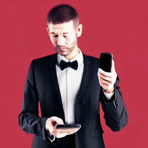 Prompt: man in a black suit, holding a very advance phone, photorealistic, realistic, dramatic, cinematic, cinematic, photography