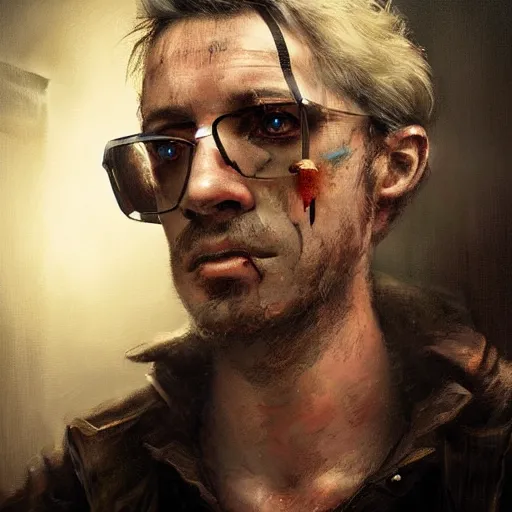 Image similar to henry dorsett case, middleaged shaggy gay, smoker, hacker, cyberpunk, painted by seb mckinnon, high detail, dramatic light, digital art, painted by greg rutkowski, promotional movie posterart, trending on artstation