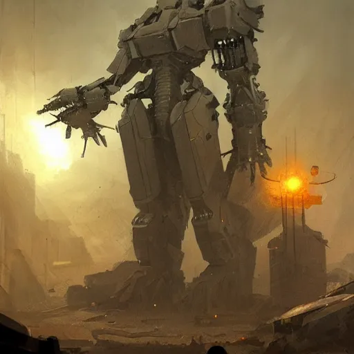 Image similar to concept art by greg rutkowski, a fifteen meter mecha in the shape of an hoplite, in a futuristic and brutalist environment, epic, uncanny atmosphere, low light, scary atmosphere, scifi, highly detailed portrait, digital painting, artstation, concept art, smooth, sharp foccus ilustration, artstation hq