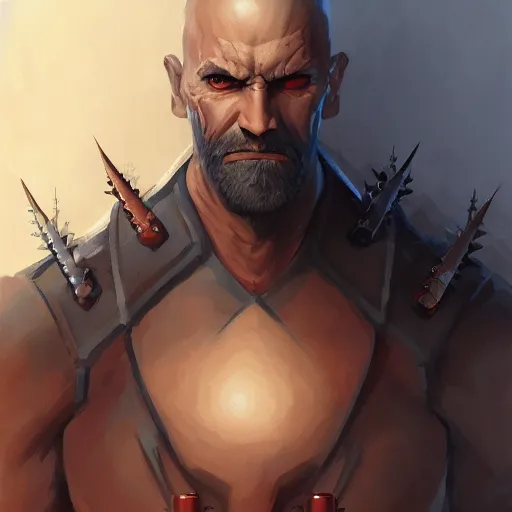 Image similar to bald man with iron spikes driven through his eyes, portrait, behance hd artstation, style of jesper ejsing