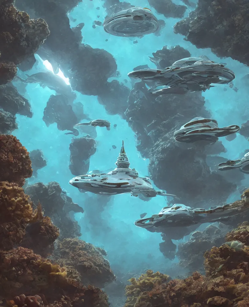 Image similar to white disc - shaped spacecraft submarine, fusion of subnautica and star trek, flying through a spectacular exotic underwater coral canyon, kelp forest, schools of fish, in the style of john eaves ron walotsky ralph mcquarrie, soft natural volumetric lighting, realistic 4 k unreal engine 5 beautifully detailed render, 4 k post processing, trending on artstation