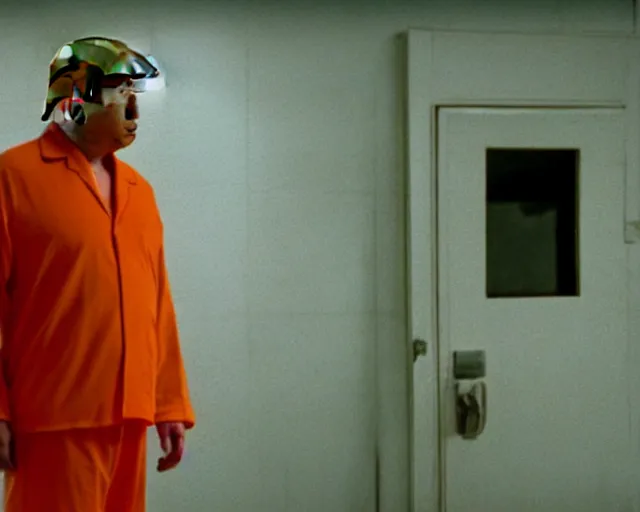 Prompt: establishing shot, film still of donald trump wearing orange prison pajamas locked up in an asylum, cinematic masterpiece, octane, dramatic lighting, very detailed