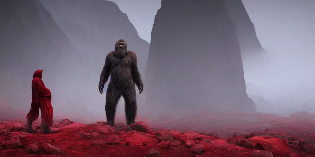 Prompt: the end is near. a tired yeti and bigfoot standing in the atlas mountains. face is highly detailed. splices of red are running down his toga. mist. color scheme red. low angle close shot. atmospheric. global illumination. unreal engine render. imagined by jeremy lipking