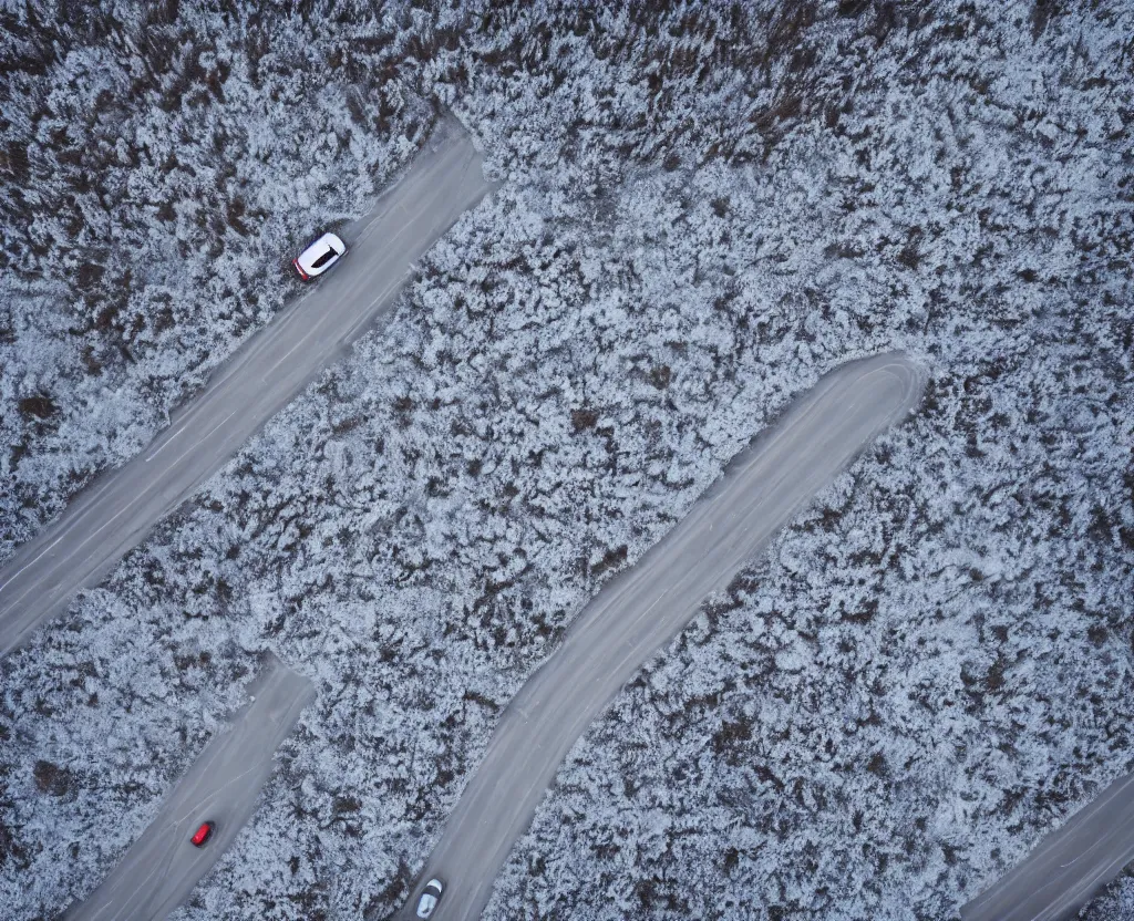 Prompt: A little car driving on an icy road between burning fields of wheat, drone photography, 4k