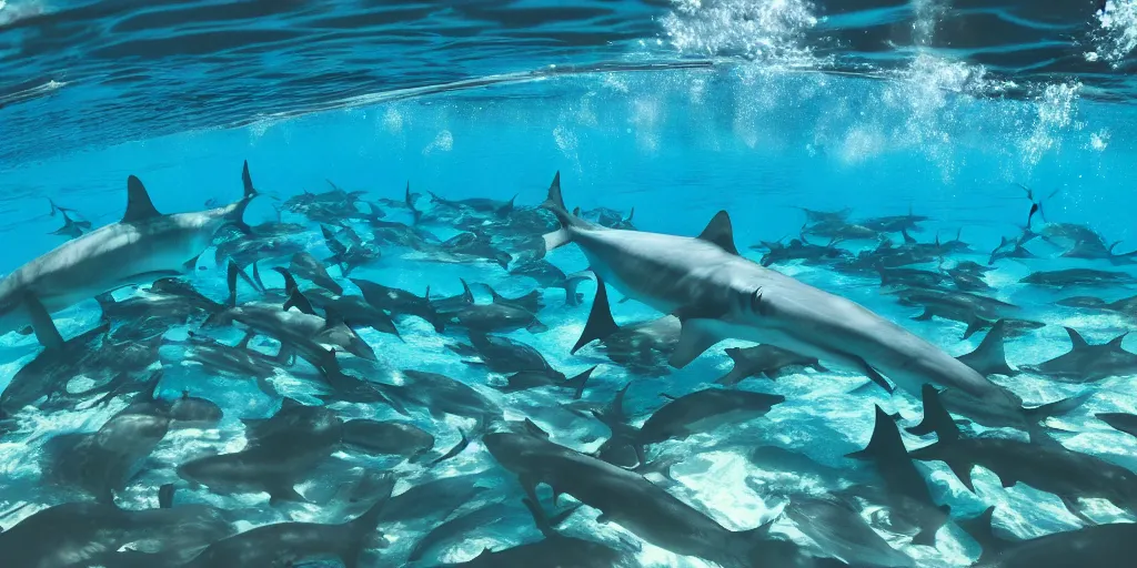 Prompt: underwater shot of sharks in a pool