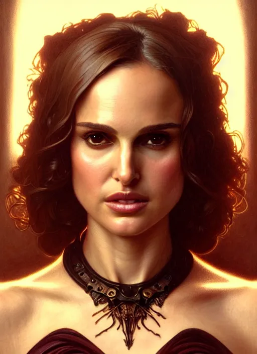 Image similar to portrait of natalie portman, volumetric lights, feast, music notes, art nouveau botanicals, gothic, intricate, highly detailed, digital painting, artstation, concept art, smooth, sharp focus, symmetric face, illustration, steampunk, art by artgerm and greg rutkowski and alphonse mucha