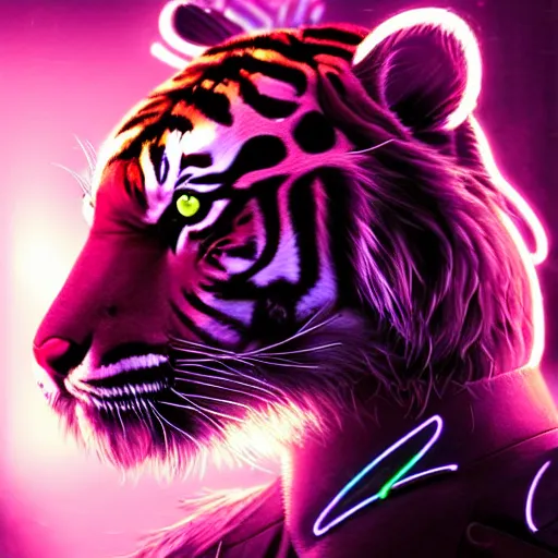Prompt: a beautfiul award winning commission portrait of an anthro tiger in the neon cyberpunk city at night,wearing a leather jacket,glow effect,detailed face,photorealistic,character design by charles bowater,ross tran,deviantart,artstation,digital art,hyperdetailed,realistic,western comic style,vfx,dramatic,2021