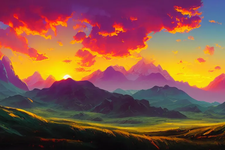 Image similar to a beautiful nature landscape with clouds, mountains, in background, sunset, by rhads