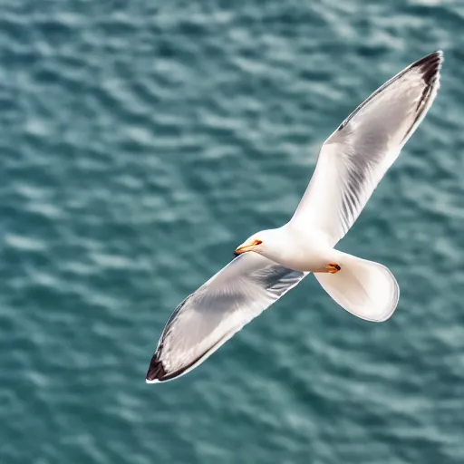 Image similar to simmetrical photo of a seagull flying seen exactly from above. Watching down. Seagull seen from above. 4k still award winning. Pleasant look and colors. Sea on the background.