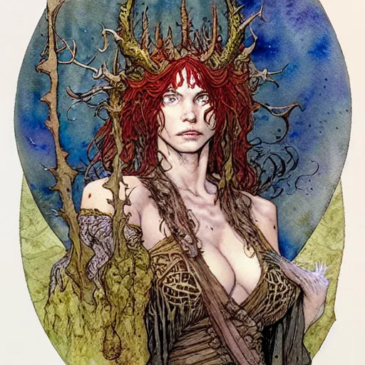 Image similar to a realistic and atmospheric watercolour fantasy character concept art portrait of a freckled incredibly beautiful woman as a druidic warrior wizard looking at the camera with an intelligent gaze by rebecca guay, michael kaluta, charles vess and jean moebius giraud