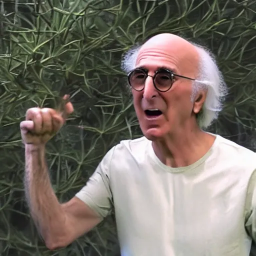 Prompt: Larry David freaking out during a datura trip, 1080p video screenshot