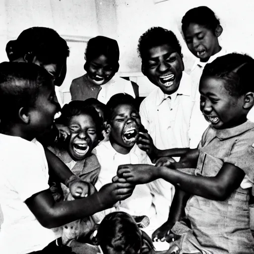 Image similar to A group of children laughing while performing open heart surgery, photograph