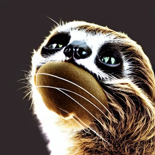 Image similar to a feline sloth - cat - hybrid with a beak, animal photography, wildlife photo, award winning