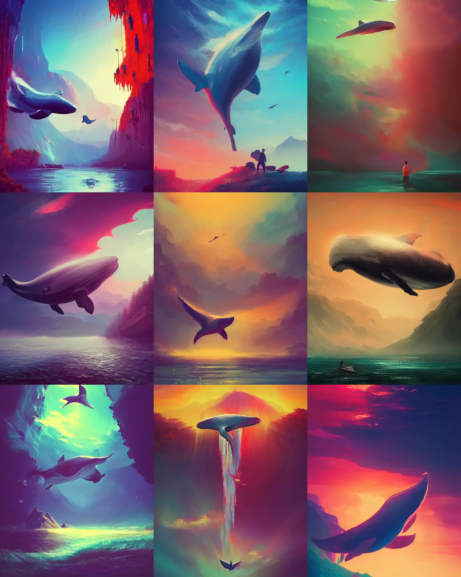 Prompt: flying whale, colorful mold, fantasy landscape, foggy, concept art, vibrant, waterfall, cinematic lighting, high quality, art by alena aenami