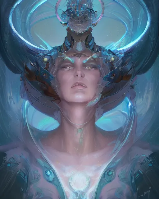 Image similar to portrait of a beautiful cybernetic emanation from angelarium, by pete mohrbacher and artgerm and wlop, digital art, highly detailed, intricate, fantasy, mystical, Trending on Artstation HQ, deviantart, unreal engine, 4K UHD image