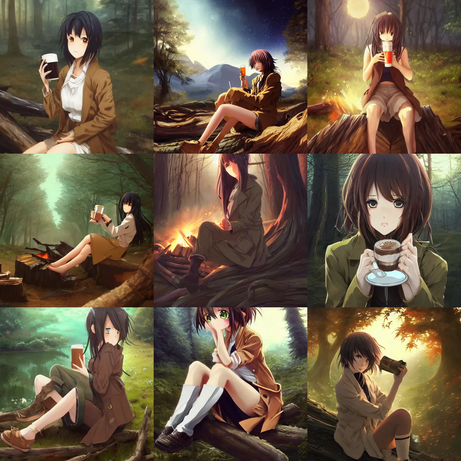 Prompt: An anime girl by WLOP with short black hair and green eyes in a tan trenchcoat sitting on a log and drinking hot chocolate by the campfire by her motorcycle at night under the stars, evocative, mystical night, very very very very detailed, award winning, masterpiece digital painting by Greg Rutkowski, Alex Grey, artstation, 4k wallpaper,realistic style at CGSociety by WLOP, ilya kuvshinov,krenz cushart,Greg Rutkowski,trending on artstation.Zbrush sculpt colored,Octane render in Maya,Houdini VFX ,silky hair, deep eyes.Oil painting.Cinematic dramatic atmosphere,sharp focus,soft volumetric studio lighting.