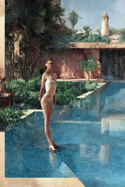 Image similar to Natalie Portman in marrakech Next to the pool,digital art,ultra realistic,ultra detailed,art by greg rutkowski