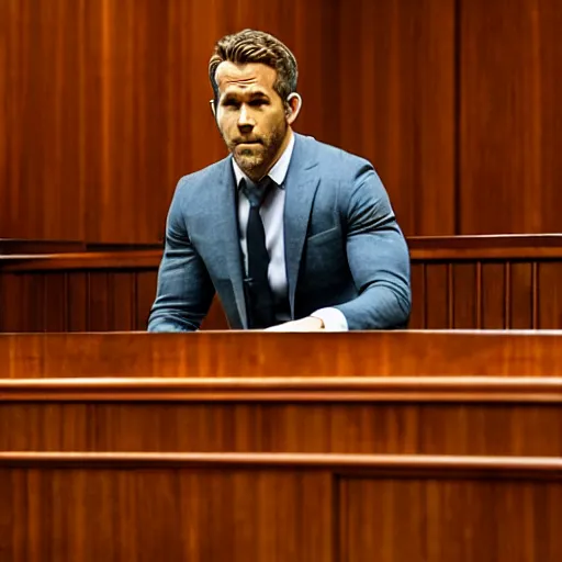 Image similar to ryan reynolds on trial in a courtroom, highly detailed, extremely high quality, hd, 4 k, 8 k, professional photographer, 4 0 mp, lifelike, top - rated, award winning, realistic, detailed lighting, detailed shadows, sharp, no blur, edited, corrected, trending