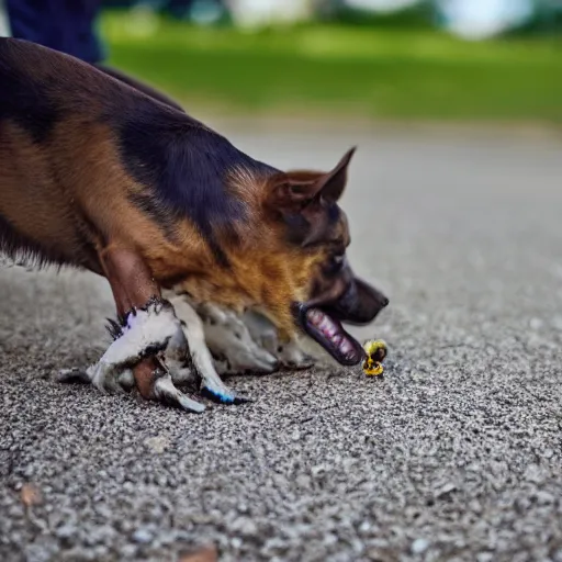 Image similar to dog stepping on a dead bee on the concrete ground, close up, macro, dslr photography