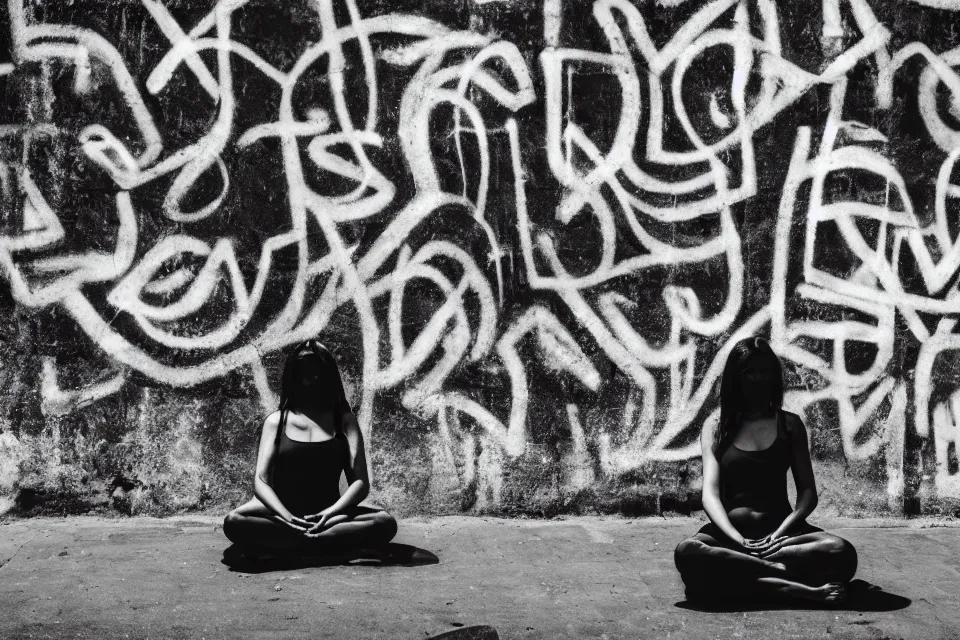 Image similar to black and white photograph of graffiti showing a person meditating