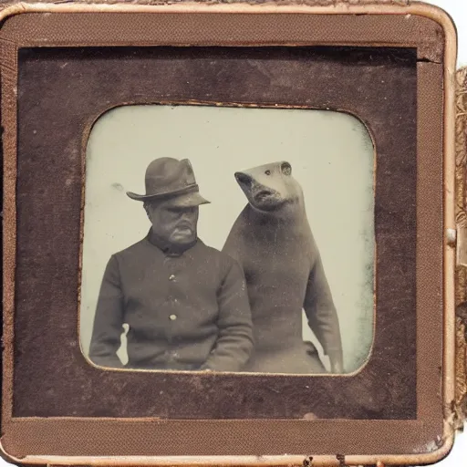 Prompt: tintype photo of a shark and a bear