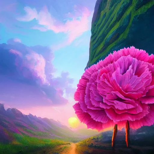 Image similar to giant carnation flower as a head, girl hiking in a canyon, surreal photography, sunrise, dramatic light, impressionist painting, colorful clouds, digital painting, artstation, simon stalenhag