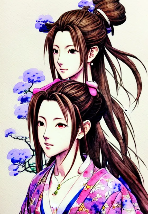 Image similar to a full-body watercolor painting of Aerith Gainsborough by Yoshitaka Amano, ukiyo-e, nouveau, concept art, 80's fantasy art, highly detailed, intricate, trending on artstation, award-winning