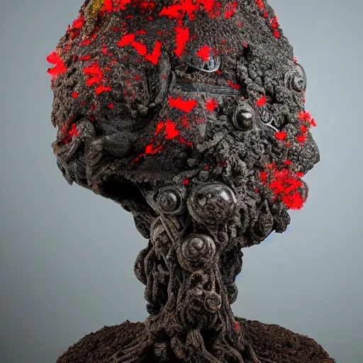 Image similar to incredibly detailed 100 year old Morton Bay fig bonsai planted in, Upside-down ancient intricate red samurai helmet, volcanic rocks, photorealistic, vulumetric lighting, exquisite detail, vray 4k highly detailed, no dof