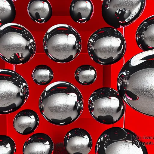 Prompt: chrome spheres on a red cube by robert venosa