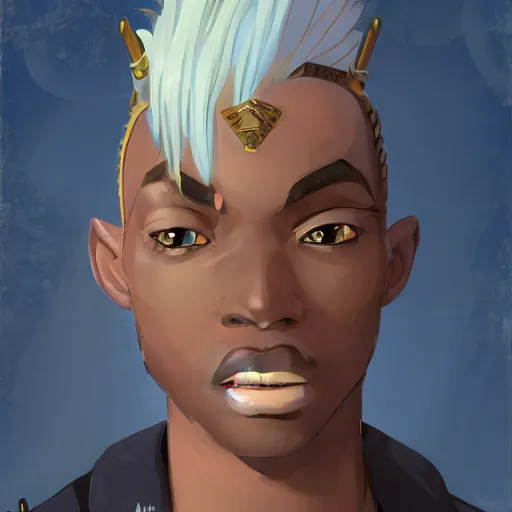 Image similar to african american man with blue eyes, blonde hair, blue horns, wearing steampunk attire, highly detailed, digital painting, artstation, matte, by makoto shinkai, animation style