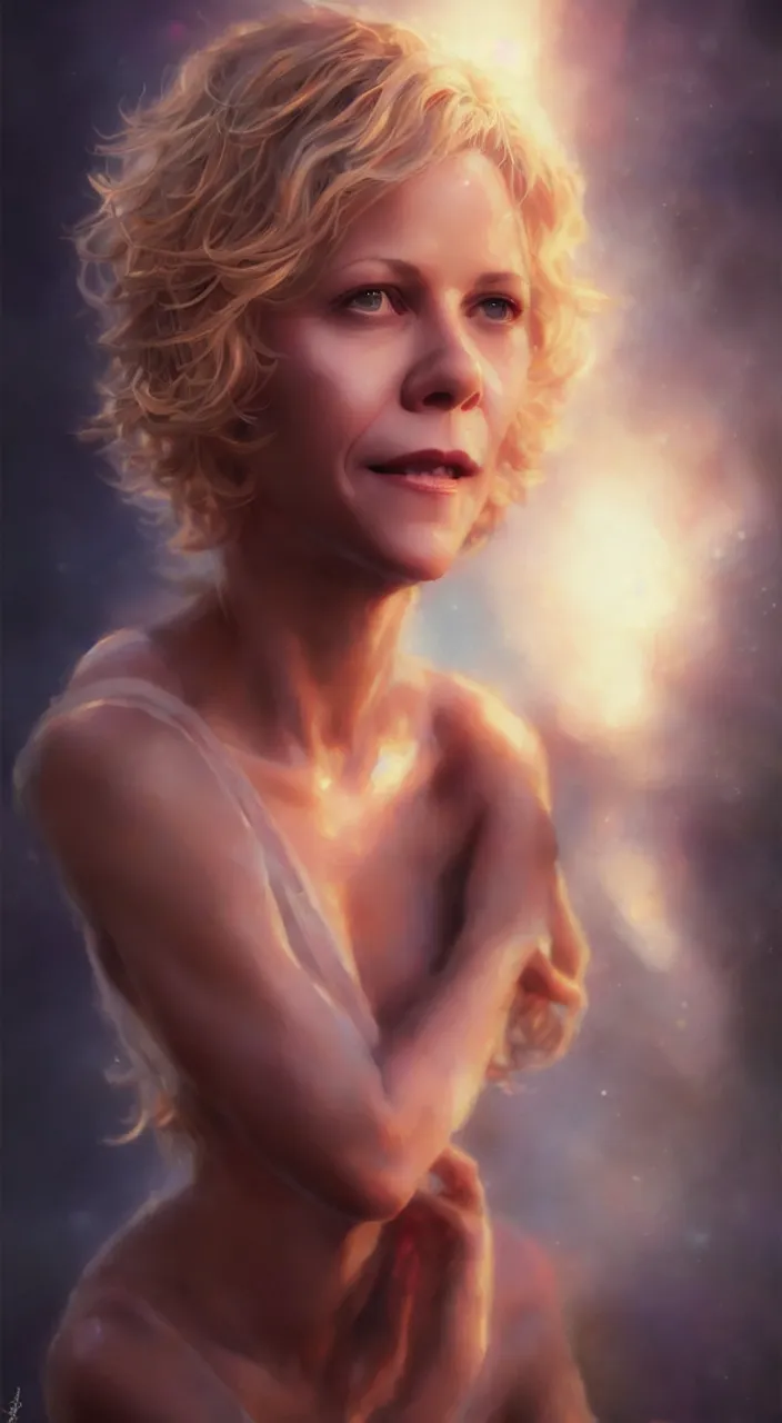 Image similar to photo of meg ryan, film still, dslr, by greg rutkowski, enoch bolles, ross tran, artgerm, wlop glossy skin, intricate detail, art deco, pearlescent, very coherent, cute