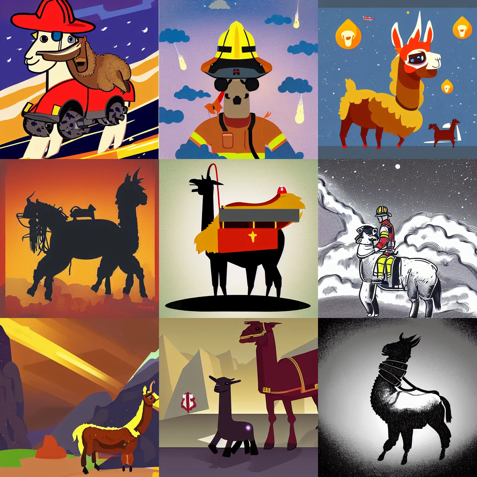 Prompt: vector propaganda art of an firefighter riding a llama, dynamic lighting, space atmosphere, hyperrealism, stunning visuals